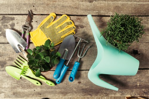 The image displays a collection of gardening tools and accessories arranged on a weathered wooden surface, likely part of a gardening or landscaping setup in Hampstead, London. Visible elements include a pair of yellow rubber gardening gloves, a small hand trowel with a wooden handle, a pruning shear, a garden fork with a metal head, a bright green plastic spray bottle, and a small green plant with round leaves. In addition, there is a larger plastic watering can, light blue in colour, with a curved handle and a spout, positioned towards the right side of the arrangement. The background consists of aged wooden planks with visible grain and texture, adding a rustic outdoor feel. The sunlight casts natural light across the scene, emphasizing the vibrant colours of the gardening tools and the healthy green hues of the plants. This setup signifies preparation for outdoor garden maintenance, suitable for services provided by companies like Landscapers Hampstead, especially in the context of lawn care and landscape upkeep in the Hampstead area, postcode NW3, emphasizing professional gardening activity and outdoor plant management.