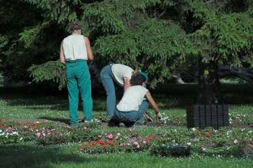 In this outdoor scene, three individuals are engaged in gardening activities within a landscaped garden area. The setting features a lush, green environment with a dense, mature tree providing ample shade. Two people are crouched close to the ground, tending to a flower bed that contains a variety of small, colourful flowers arranged along the edge of a well-maintained grassy lawn. One person is standing nearby, observing or preparing to assist, dressed in casual gardening attire including a sleeveless top and turquoise trousers. The flower bed is bordered by dark soil and is surrounded by patches of healthy, dense grass with a fine texture. The background includes broad shrubbery and mature trees, creating a natural backdrop for the gardening work. On the right side of the image, a black plastic garden waste container is visible, indicating ongoing maintenance. The overall scene suggests a carefully nurtured outdoor space, possibly part of a private garden or a community green area in Hampstead, with diffused daylight and an overcast sky providing soft, even lighting, indicative of typical spring or summer weather. The scene aligns with professional gardening and landscaping services offered by Landscapers Hampstead, focusing on outdoor garden care and flower bed creation.