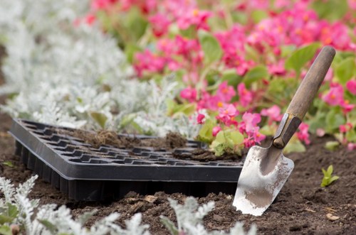 A close-up view of a gardening scene in a landscaped outdoor space, featuring a black plastic seed tray placed on dark, moist soil, with a small gardening trowel embedded in the earth nearby. Surrounding the area, there are vibrant pink and white flowering plants, possibly begonias or similar varieties, creating a colourful background against the rich green foliage. The soil appears freshly turned, indicating recent planting or soil preparation work typical of garden restoration activities. The scene suggests careful gardening and maintenance work in a well-tended garden or backyard, aligning with outdoor landscaping and patio repair services in Hampstead. The natural lighting indicates a clear day, ideal for outdoor gardening tasks, contributing to a harmonious and vibrant garden environment. Such detailed care and attention to outdoor space elements underscore the expertise of local landscapers, like Landscapers Hampstead, in restoring and enhancing garden features around the region, including the postal area of NW3 in Hampstead.